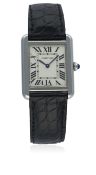 A LADIES STAINLESS STEEL CARTIER TANK SOLO WRIST WATCH CIRCA 2010, REF. 3170 D: Silver dial with