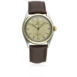 A GENTLEMAN'S STEEL & SOLID GOLD ROLEX OYSTER PERPETUAL CHRONOMETER WRIST WATCH CIRCA 1952, REF.