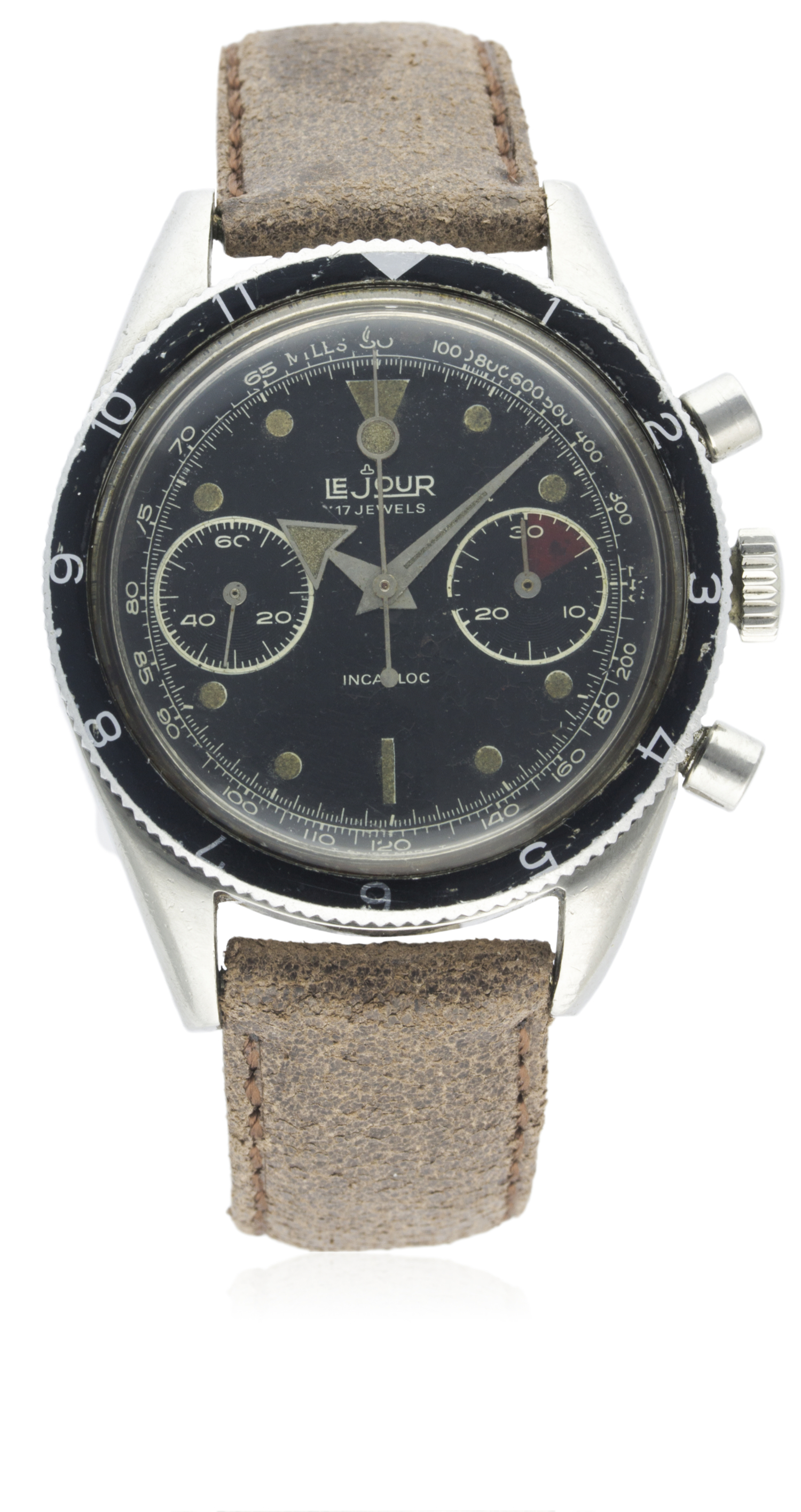 A GENTLEMAN'S STAINLESS STEEL LEJOUR CHRONOGRAPH WRIST WATCH CIRCA 1960s D: Gloss black dial with