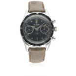 A GENTLEMAN'S STAINLESS STEEL LEJOUR CHRONOGRAPH WRIST WATCH CIRCA 1960s D: Gloss black dial with
