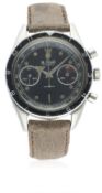 A GENTLEMAN'S STAINLESS STEEL LEJOUR CHRONOGRAPH WRIST WATCH CIRCA 1960s D: Gloss black dial with