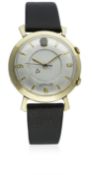 A RARE GENTLEMAN'S 10K GOLD FILLED LECOULTRE "HENRY FORD" WRIST ALARM WRIST WATCH CIRCA 1955,