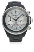 A GENTLEMAN'S BLACK CERAMIC CHANEL J12 SUPERLEGGERA AUTOMATIC CHRONOGRAPH BRACELET WATCH CIRCA