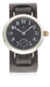 A GENTLEMAN'S LARGE SIZE NICKEL CASED OMEGA TRENCH WRIST WATCH CIRCA 1910 D: Black enamel dial