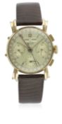 A GENTLEMAN'S 18K SOLID PINK GOLD LUSINA TRIPLE CALENDAR CHRONOGRAPH WRIST WATCH CIRCA 1940s D: