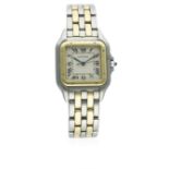 A GENTLEMAN'S STEEL & GOLD CARTIER PANTHERE BRACELET WATCH CIRCA 1990s D: Silver dial with Roman