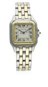 A GENTLEMAN'S STEEL & GOLD CARTIER PANTHERE BRACELET WATCH CIRCA 1990s D: Silver dial with Roman