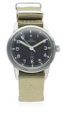 A RARE GENTLEMAN'S STAINLESS STEEL BRITISH MILITARY ROYAL NAVY LEMANIA WRIST WATCH DATED 1965,