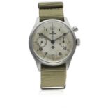 A RARE GENTLEMAN'S STAINLESS STEEL BRITISH MILITARY LEMANIA SINGLE BUTTON ROYAL NAVY CHRONOGRAPH