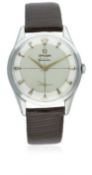 A GENTLEMAN'S STAINLESS STEEL OMEGA GENEVE WRIST WATCH CIRCA 1954, REF. 2750-6 D: Two tone silver