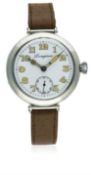 A GENTLEMAN'S SOLID SILVER LONGINES "OFFICERS" WRIST WATCH CIRCA 1918 D: White enamel dial with