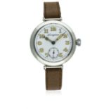 A GENTLEMAN'S SOLID SILVER LONGINES "OFFICERS" WRIST WATCH CIRCA 1918 D: White enamel dial with