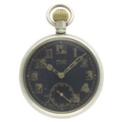 A GENTLEMAN'S NICKEL CASED ROLEX BRITISH MILITARY POCKET WATCH CIRCA 1930s D: Black enamel dial with