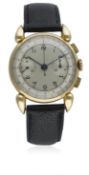 A GENTLEMAN'S 18K SOLID PINK GOLD CHRONOGRAPH WRIST WATCH CIRCA 1950 D: Two tone silver dial with