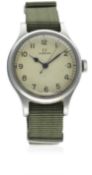 A GENTLEMAN'S STAINLESS STEEL BRITISH MILITARY OMEGA RAF PILOTS WRIST WATCH DATED 1956 D: White dial