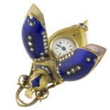 A FINE & RARE SOLID GOLD & ENAMEL SCARAB FORM PENDANT WATCH CIRCA 1890 D: Enamel dial with Roman