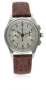 A GENTLEMAN'S STAINLESS STEEL LEMANIA CHRONOGRAPH WRIST WATCH CIRCA 1940s D: Silver dial with Arabic