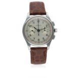 A GENTLEMAN'S STAINLESS STEEL LEMANIA CHRONOGRAPH WRIST WATCH CIRCA 1940s D: Silver dial with Arabic