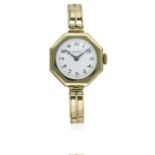 A LADIES 18K SOLID GOLD ROLEX BRACELET WATCH CIRCA 1920s D: White enamel dial with Arabic