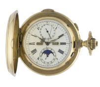 A RARE GENTLEMAN'S 14K SOLID GOLD FULL HUNTER QUARTER REPEATER TRIPLE CALENDAR MOONPHASE CHRONOGRAPH