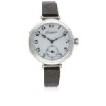A GENTLEMAN'S SOLID SILVER LONGINES "OFFICERS" WRIST WATCH CIRCA 1920 D: White enamel dial with