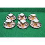 Set of six Royal Crown Derby Imari style pattern cups and saucers having blue back stamp and also