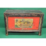 Oriental painted pine chest, the top opening in two sections to reveal open spaces inside,