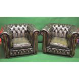 Pair of late 20th century green leather Chesterfield button armchairs having removable seat