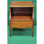 Mahogany bedside commode having raised back and lift top supported on panelled sides and sweeping