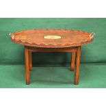 Late 20th century inlaid butlers tray on stand having shaped raised gallery and two brass carrying