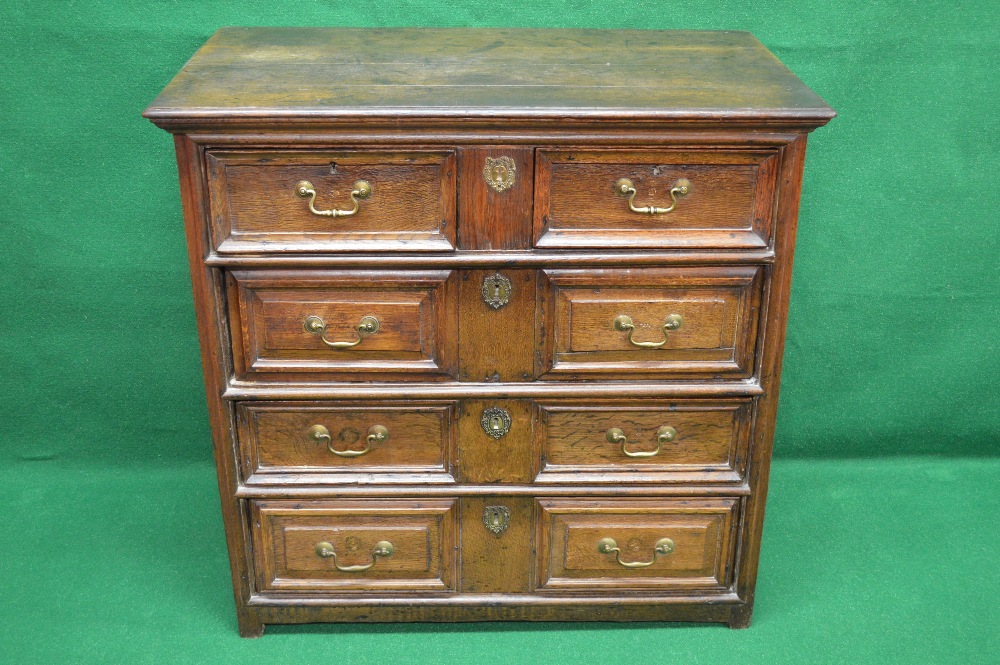 18th century oak chest of five drawers having moulded top over two short and three long drawers,