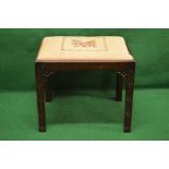 Mahogany framed dressing stool having floral tapestry drop in seat supported on four moulded blind