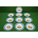 Group of ten fine hand painted Minton cabinet plates having gilt leaf decorated borders with a blue