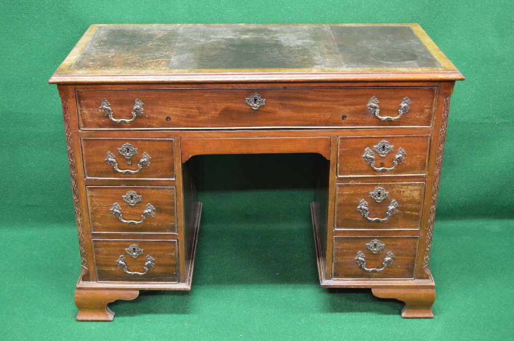 Mahogany kneehole desk having red leather insert over single long drawer supported on single banks