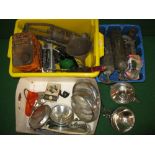 Three boxes containing two brass extinguishers, Lucas spot lamps, rear lenses, large foot pump,