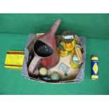 Box of four Shell 1pt X100 oil tins, a large red pourer, Goodyear Tyre repair tin, oil cans,