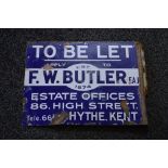 Enamel double sided advertising sign To Be Let Apply To F W Butler FAI, Est 1874,