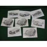 Eight signed Limited Edition Mike Harbar prints featuring VW Beetle, Spitfire Mk4, Aston Martin DB7,