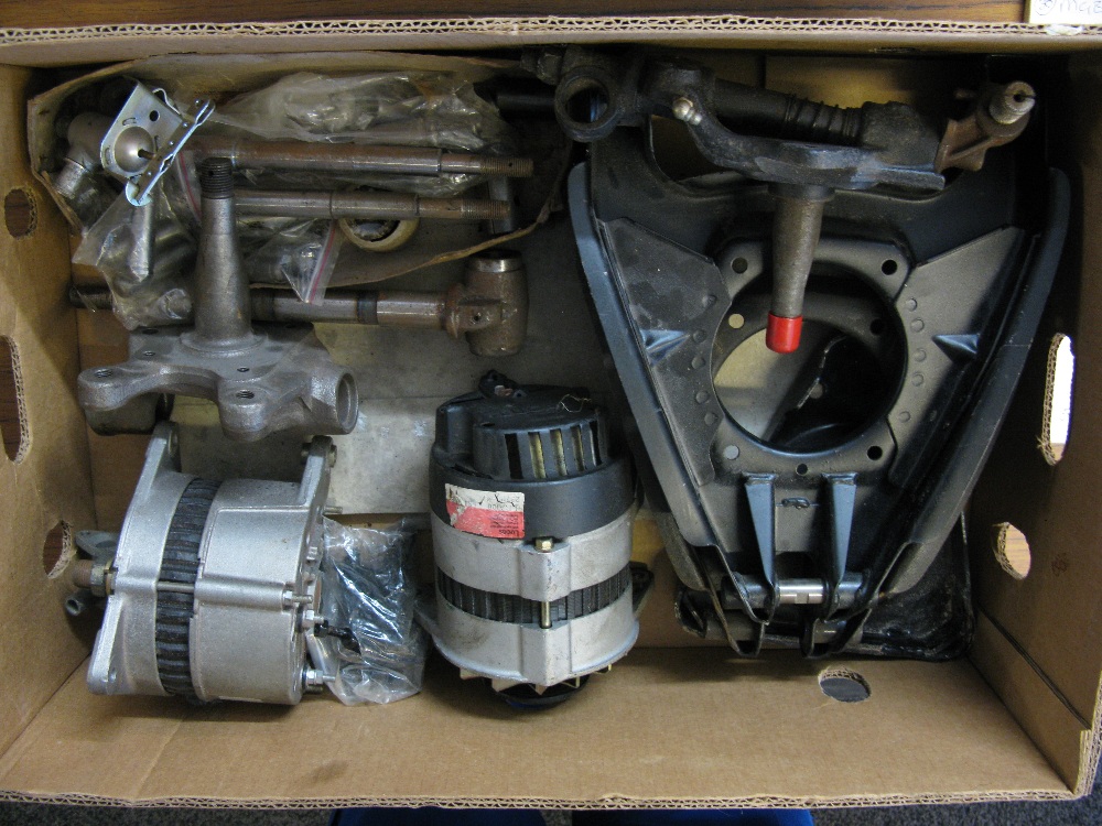 Box of MG Midget/MGB suspension parts and two alternators