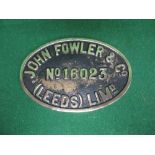 Oval brass makers plate for John Fowler & Co. (Leeds) Limd No.