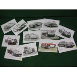 Twelve signed Mike Harbar prints featuring Jaguar, Austin Healey, Aston Martin, Porsche, Subaru,