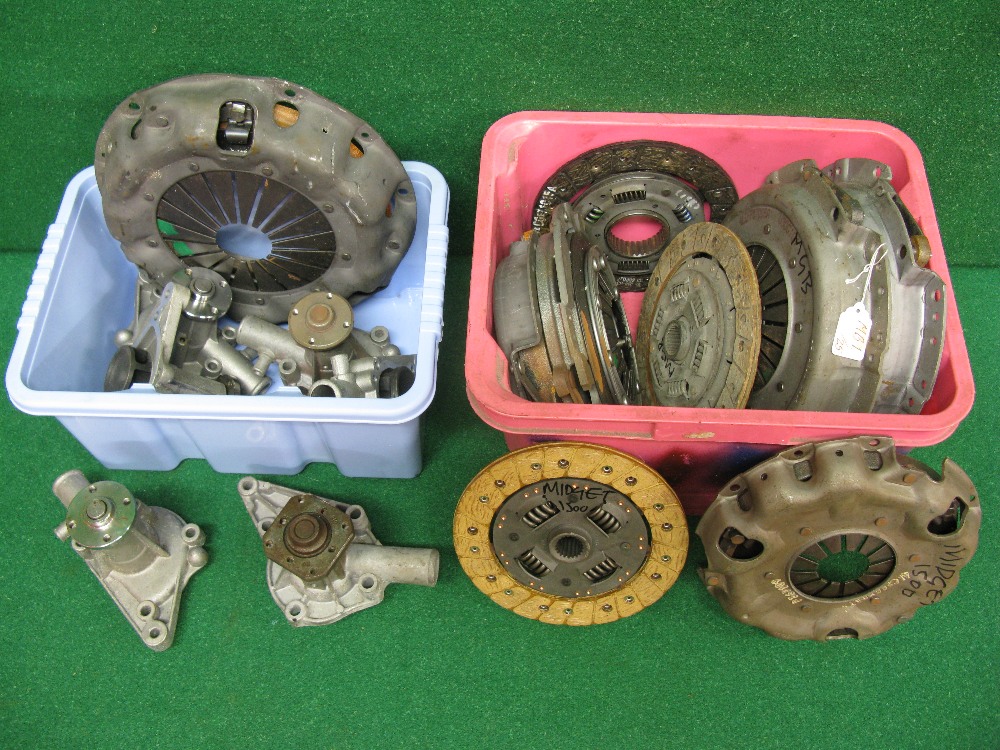 Two boxes of MGB and Midget clutch assemblies and six water pumps,