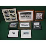 Eight prints and photographs featuring Aston Martins and Jaguars including two signed Limited