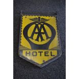 Shield shaped enamel double sided hanging sign for AA Hotel,
