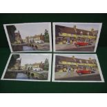 Four signed M Thompson colour prints comprising: two of a red MG TF outside the Horse & Hounds,