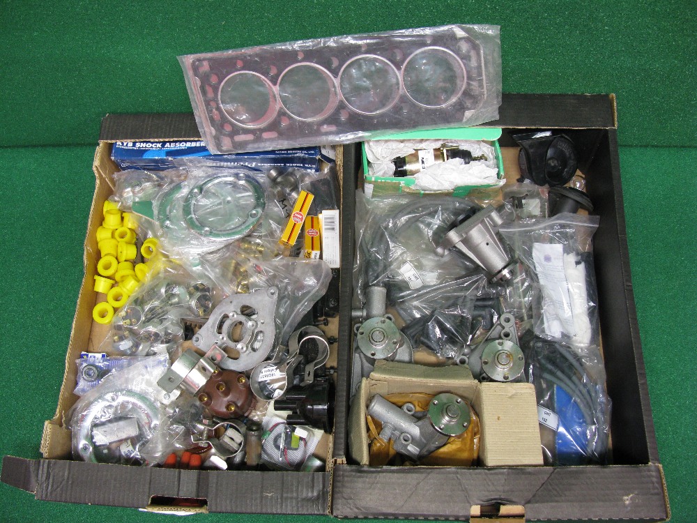 Two boxes of assorted 1970's/1980's MG car parts (mostly new and unused)