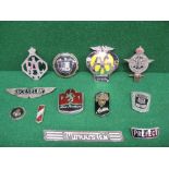 Twelve motoring and car badges to include: Austin 70, Morris 8 and 10, Wolseley,
