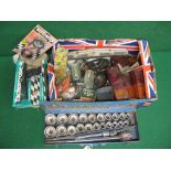 Twenty four piece 3/4" drive boxed socket set together with a box of vehicle lamps, lenses,
