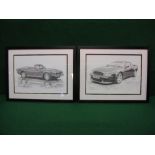 Two signed Limited Edition Mike Harbar prints of Aston Martin Vantage V8 and Vantage, 21.5" x 16.