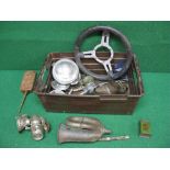 Box containing a steering wheel, oil cans, spot lamp, horn,